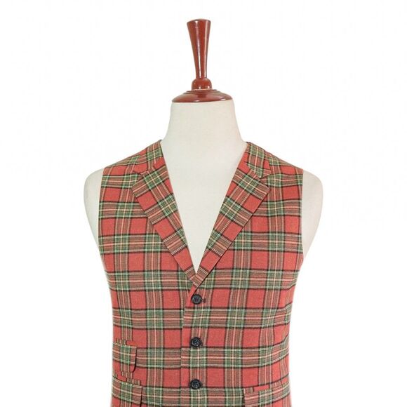 Mens 46R Wool Plaid Vest Brick Red Green Tartan Waistcoat Formal Wedding Party - Picture 3 of 8